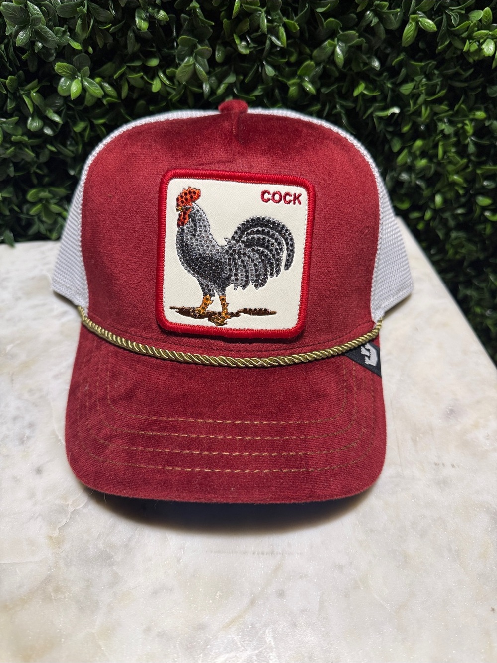Goorin Bros Black and White Trucker Cap with Maroon Trim
